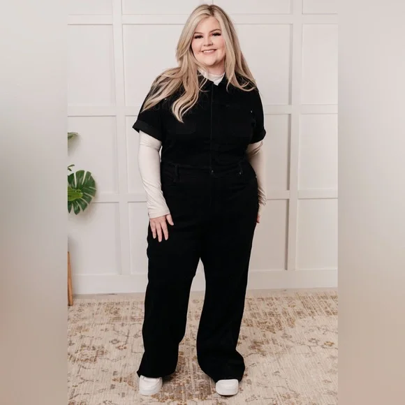 NWT Judy Blue Short Sleeve Straight Tummy Control Black Denim Jumpsuit
